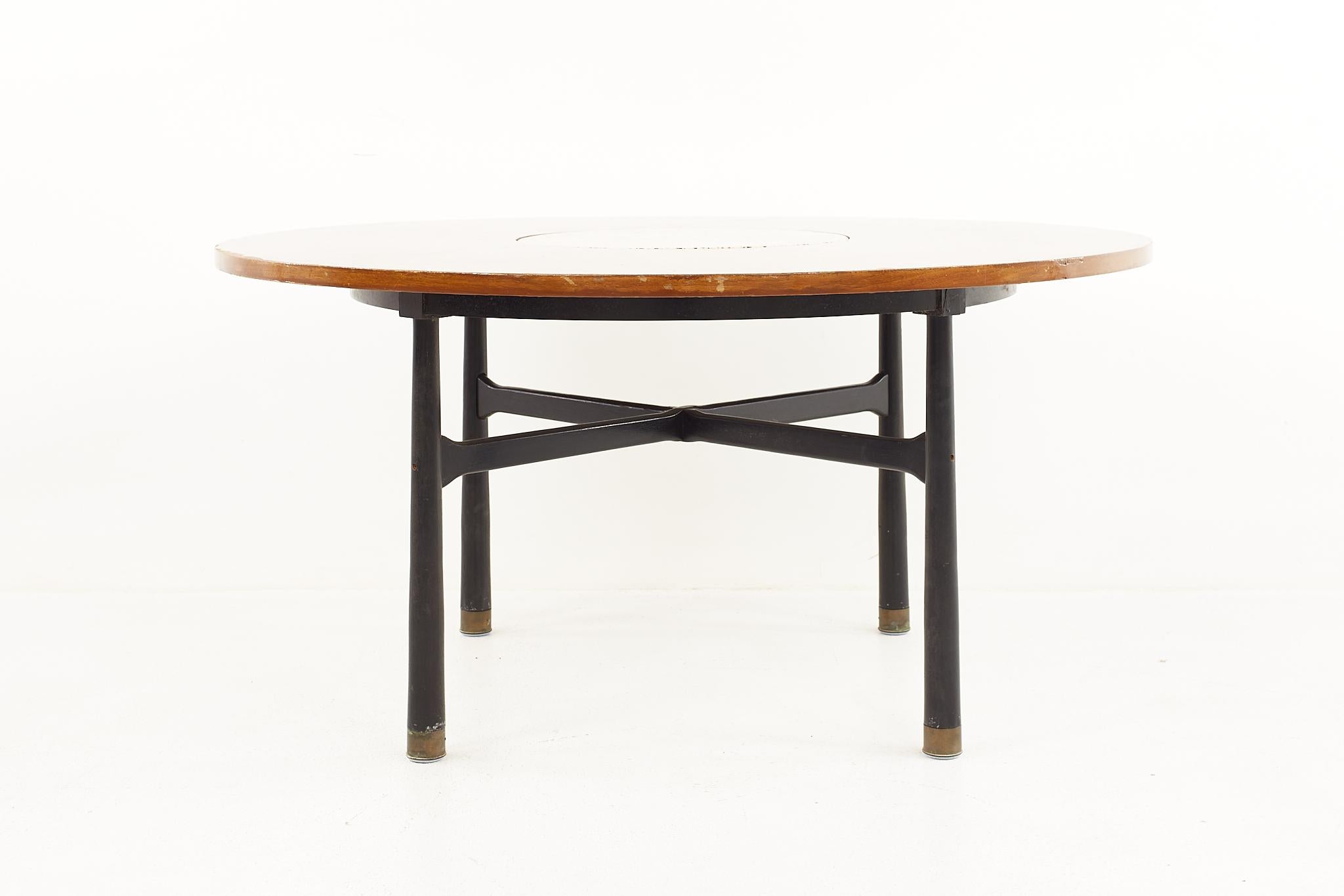 American Harvey Probber Mid Century Round Ebonized Walnut Terrazzo and Brass Dining Table For Sale