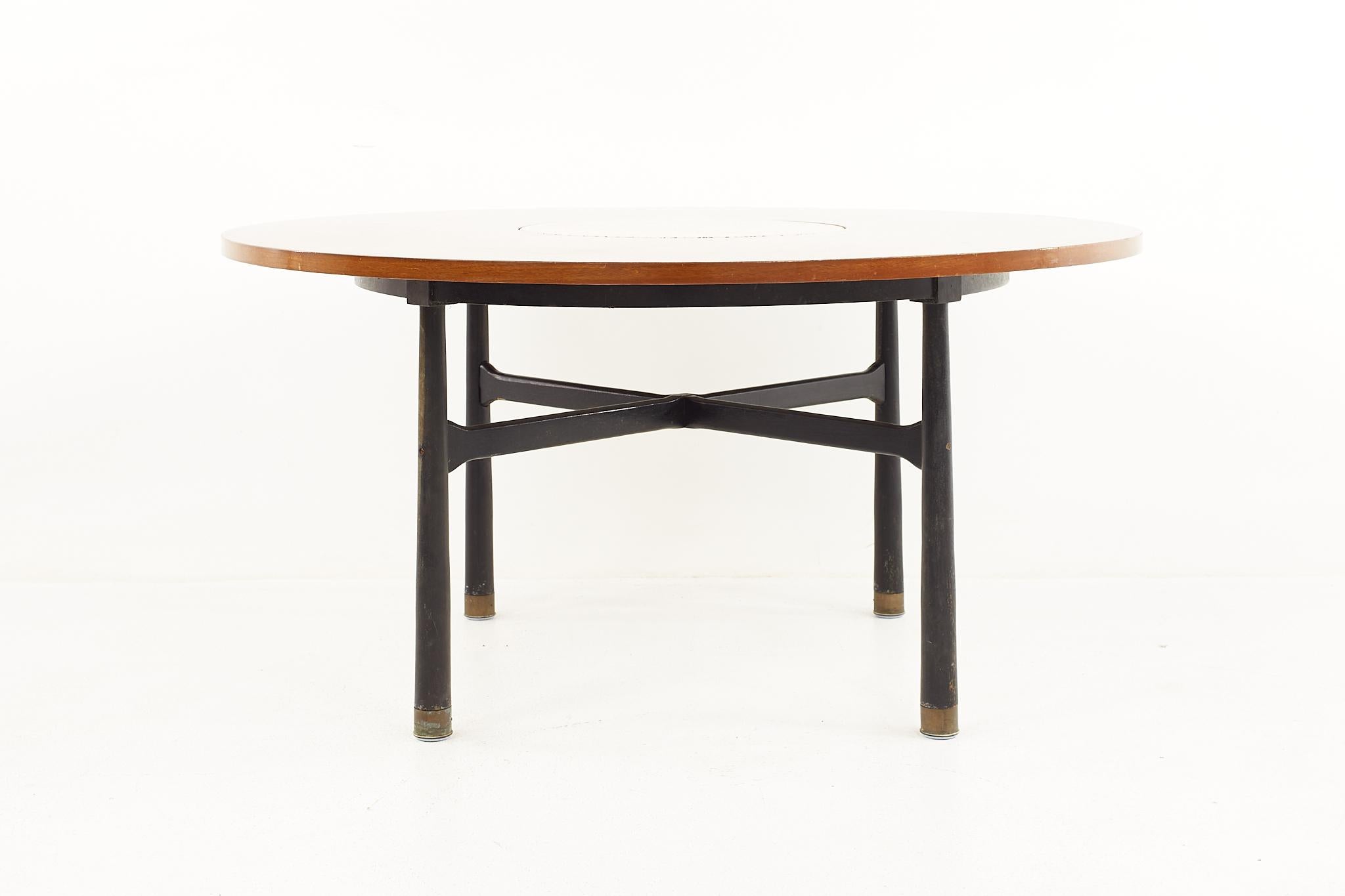 Harvey Probber Mid Century Round Ebonized Walnut Terrazzo and Brass Dining Table In Good Condition For Sale In Countryside, IL