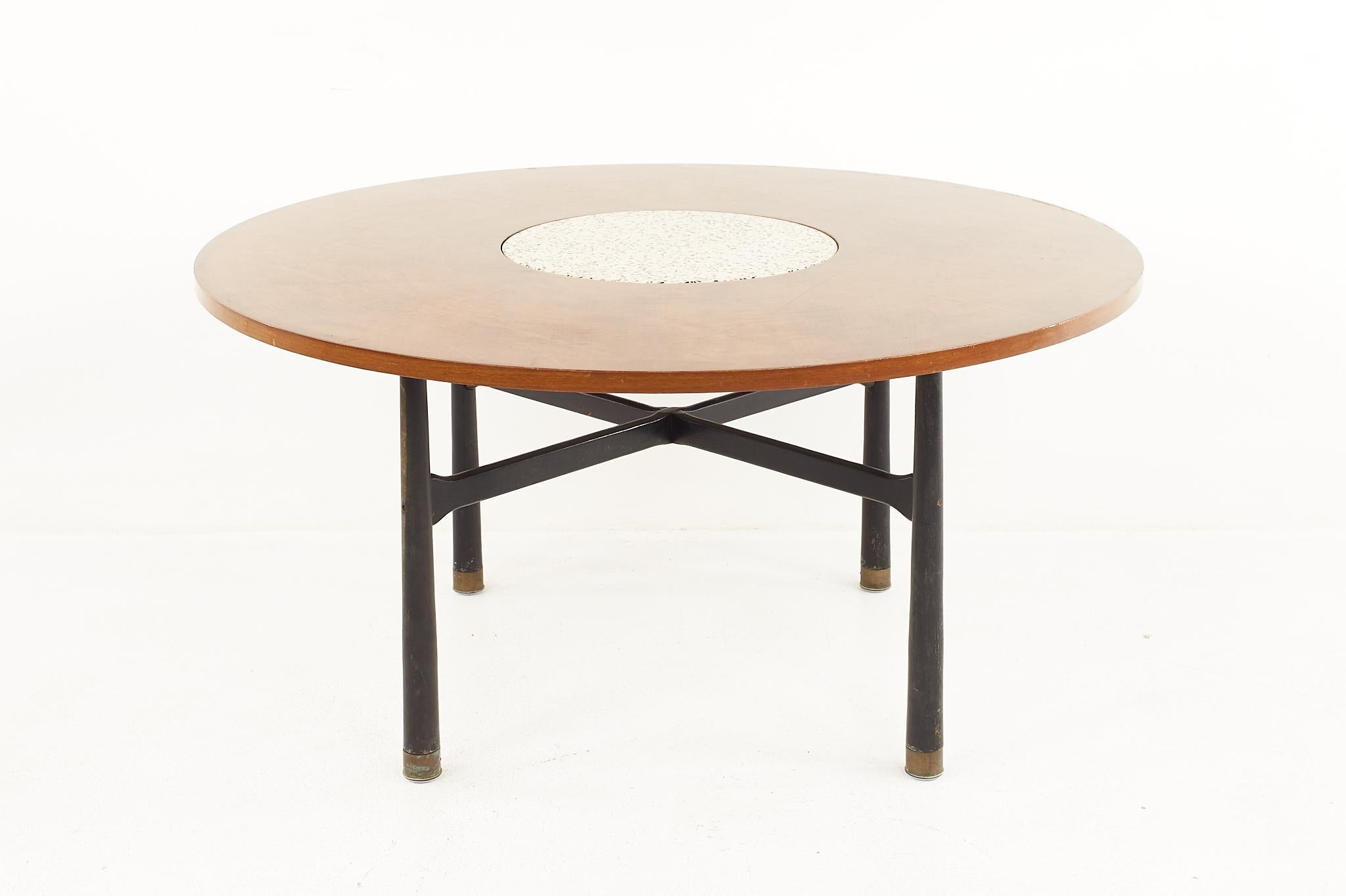 Late 20th Century Harvey Probber Mid Century Round Ebonized Walnut Terrazzo and Brass Dining Table For Sale