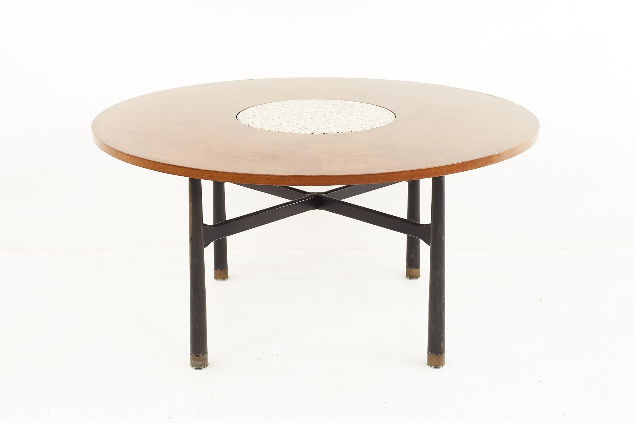 Harvey Probber Mid Century Round Ebonized Walnut Terrazzo and Brass Dining Table For Sale 1