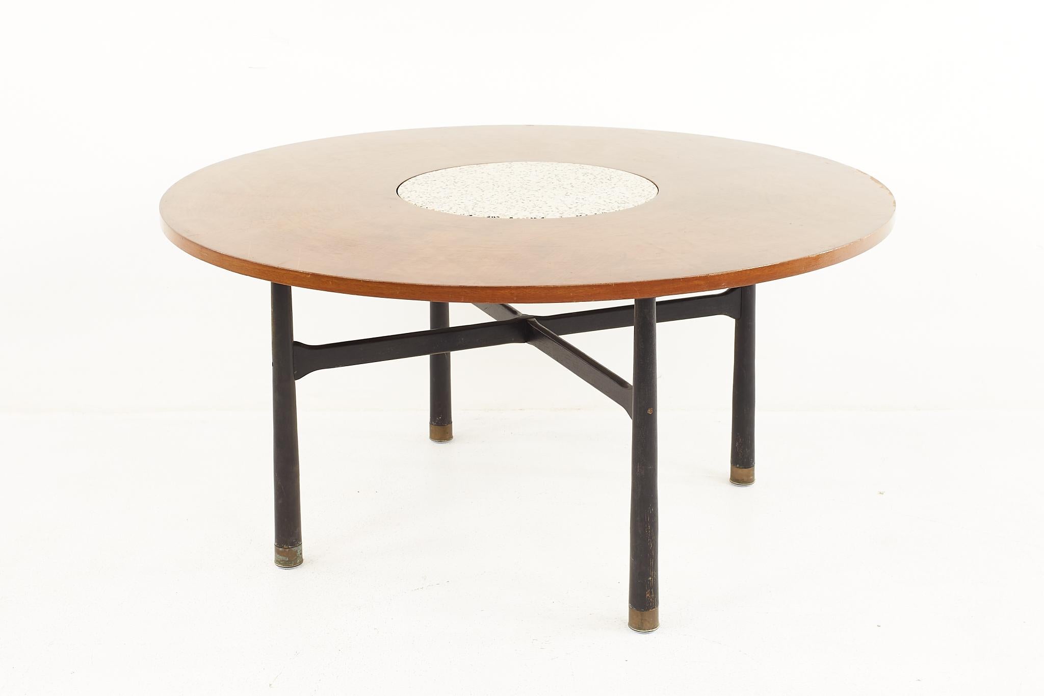 Harvey Probber Mid Century Round Ebonized Walnut Terrazzo and Brass Dining Table For Sale 2