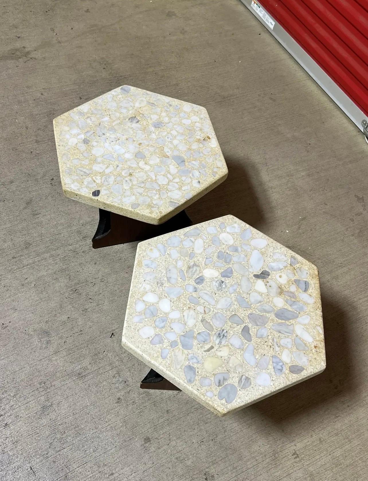 Harvey Probber Side Tables with Terazzo Hexagonal Tops and walnut bases. The tables are very rare and hard to find
