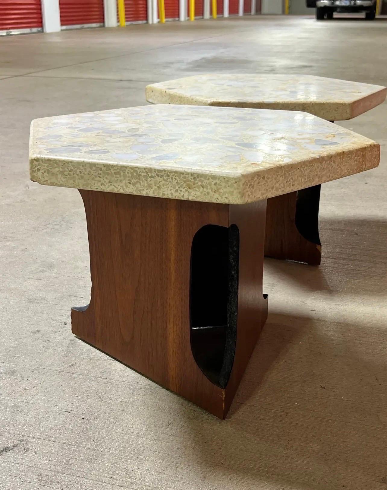 Mid-Century Modern Harvey Probber Mid Century Terrazzo Top Hexagon Side Tables - a Pair