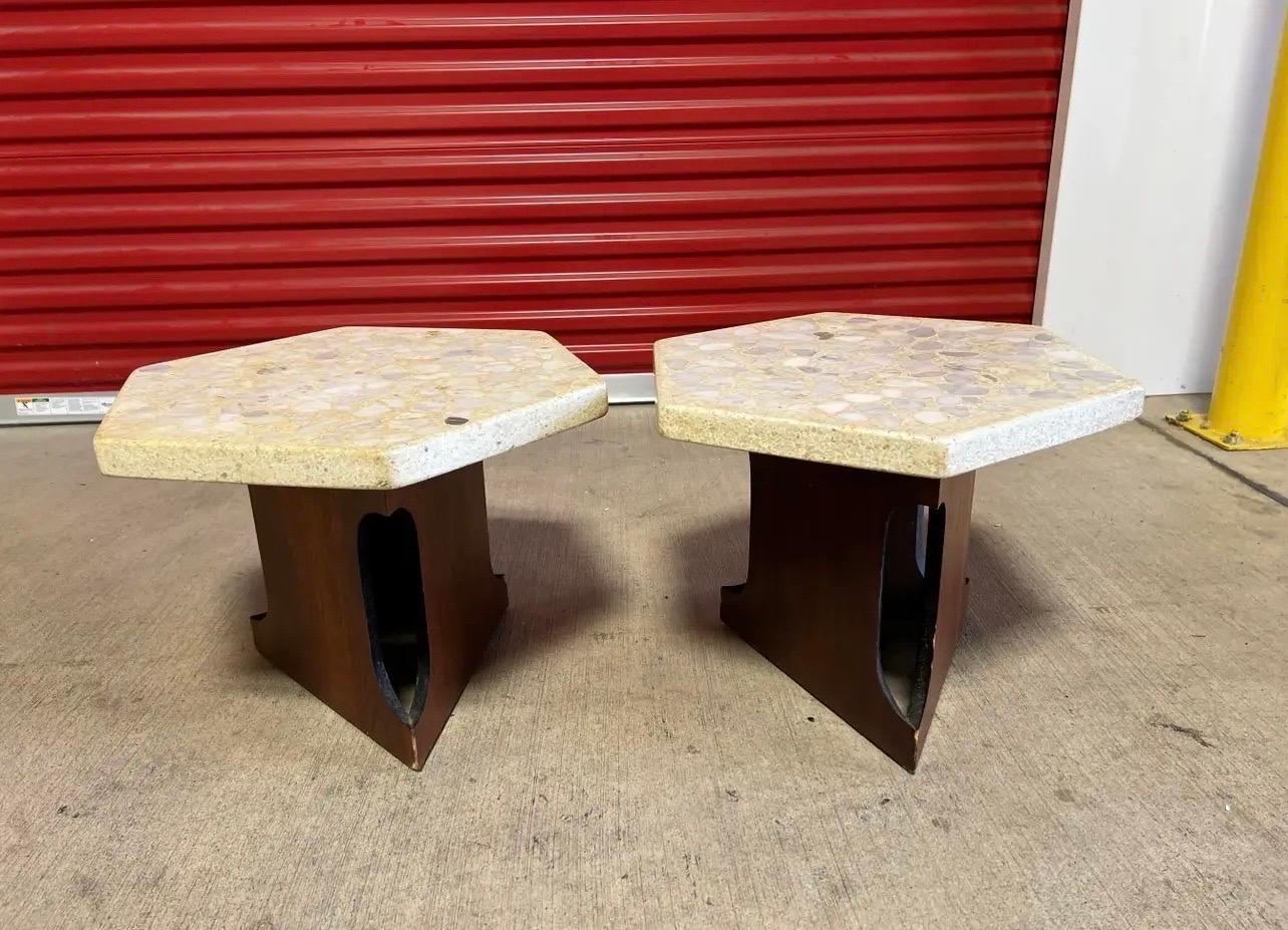 Stone Harvey Probber Mid Century Terrazzo Top Hexagon Side Tables - a Pair