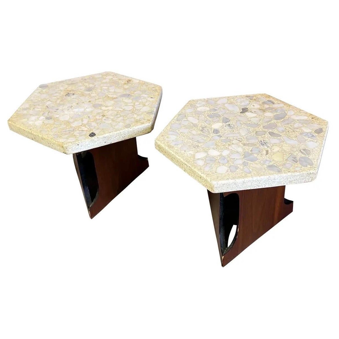 Harvey Probber Mid Century Terrazzo Top Hexagon Side Tables - a Pair