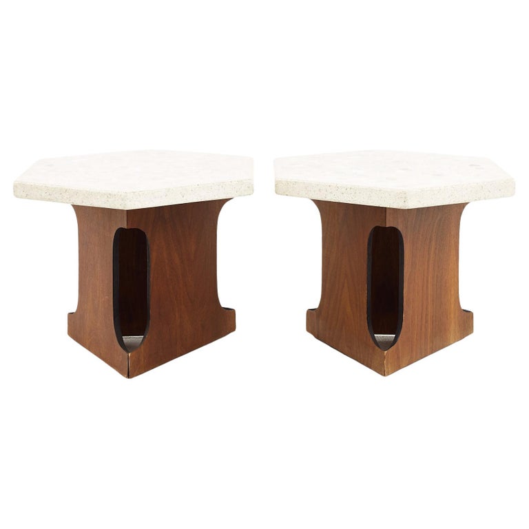 Harvey Probber Mid-Century Terrazzo Top Hexagon Side Tables, a Pair For Sale