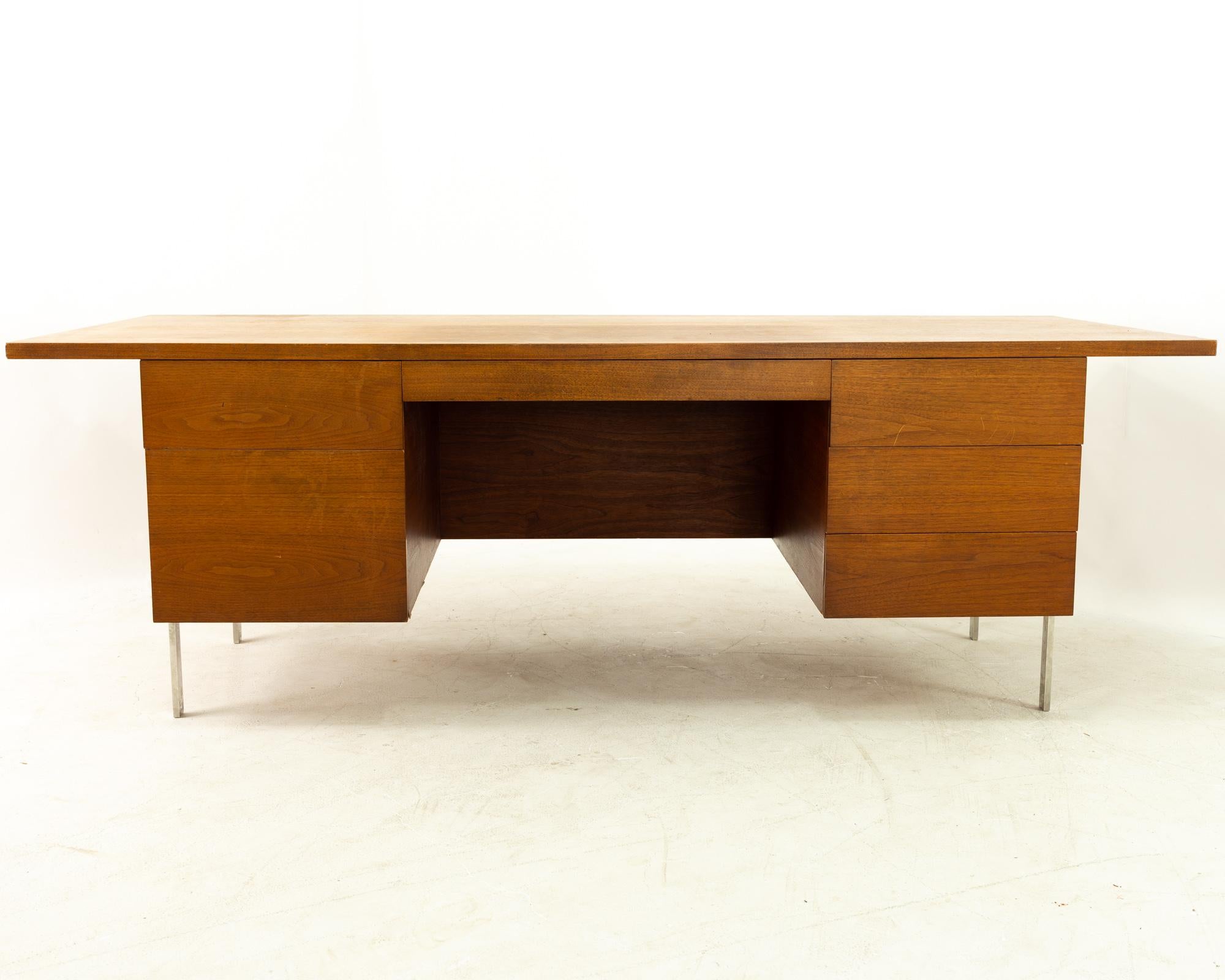 Harvey Probber midcentury walnut and chrome executive desk 
Measures: 84 wide x 36 deep x 28.5 high
See below for 5 ways to save!
Free restoration: When you purchase a piece we carefully clean and prepare it for shipping. If during re-inspection