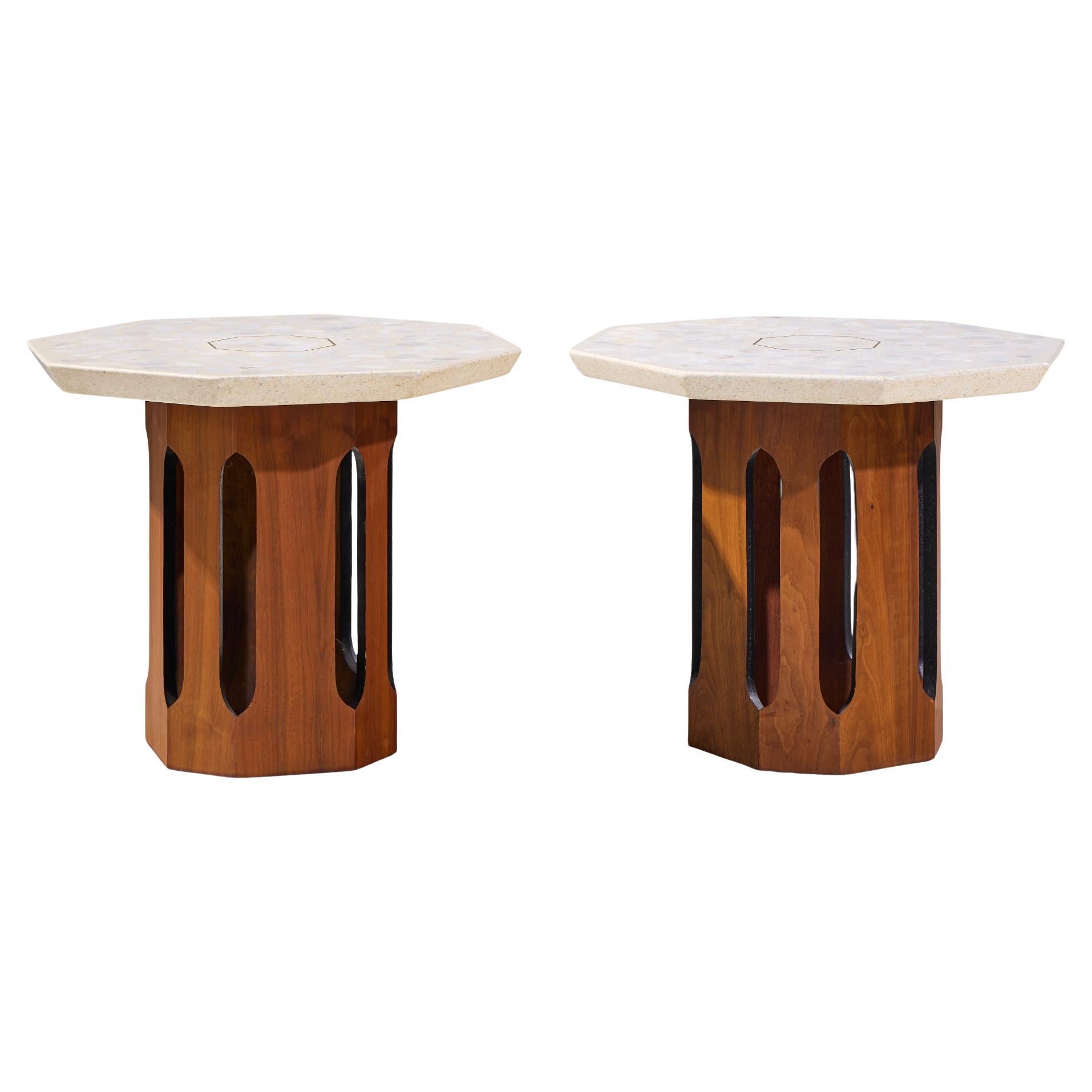 Harvey Probber Mid Century Walnut and Terrazzo Side End Tables - Pair For Sale