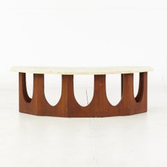 Harvey Probber Mid Century Walnut and Travetine Half Crescent Moon Coffee Table