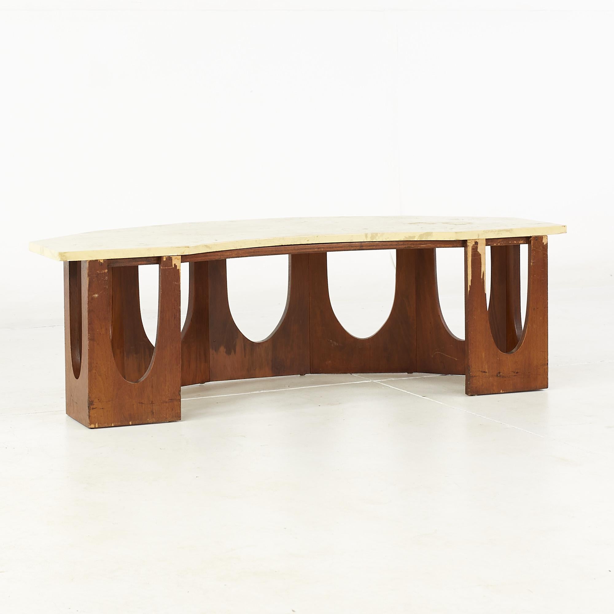Late 20th Century Harvey Probber Mid Century Walnut and Travetine Half Crescent Moon Coffee Table For Sale