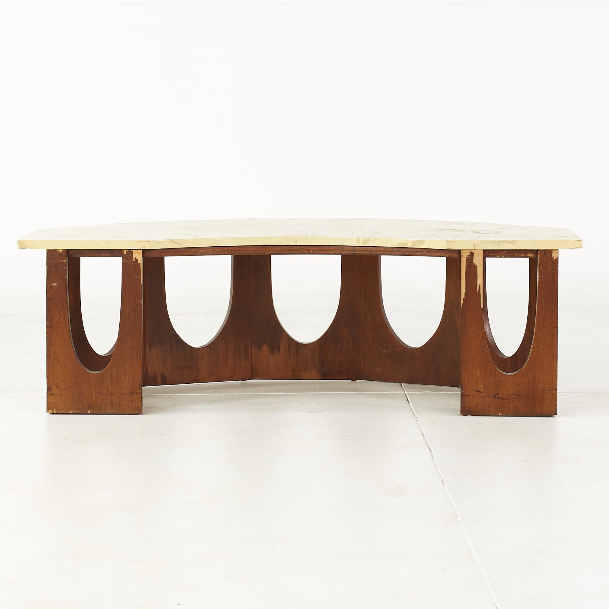 Travertine Harvey Probber Mid Century Walnut and Travetine Half Crescent Moon Coffee Table For Sale