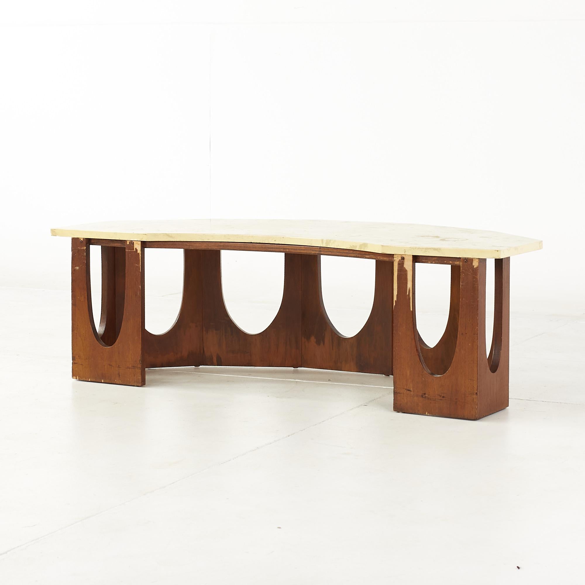 Harvey Probber Mid Century Walnut and Travetine Half Crescent Moon Coffee Table For Sale 1