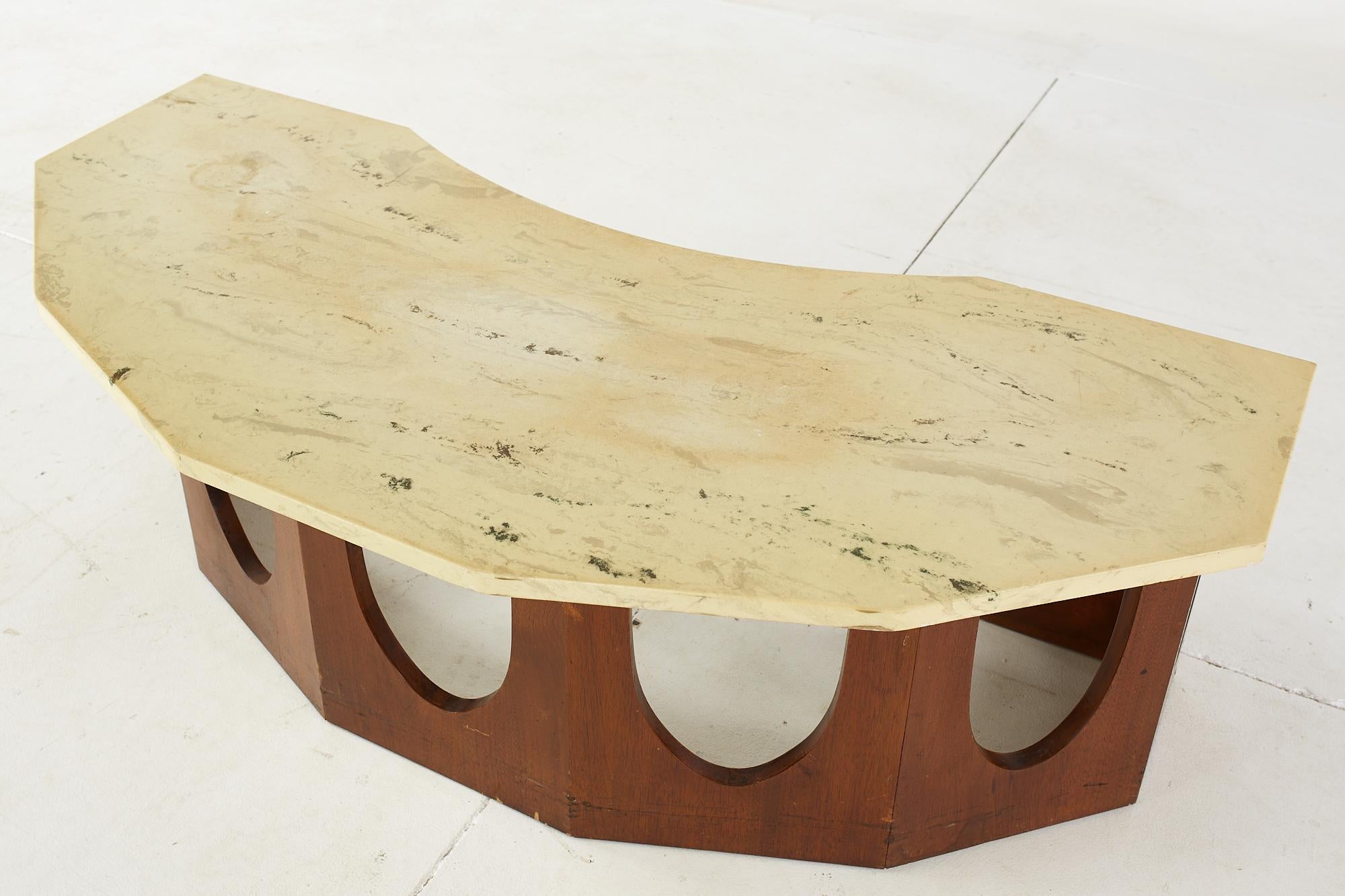 Harvey Probber Mid Century Walnut and Travetine Half Crescent Moon Coffee Table For Sale 2