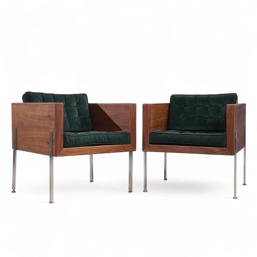 Harvey Probber Mid Century Walnut Case and Chrome Lounge Chairs - Pair

Each chair measures: 25.75 wide x 26.75 deep x 28.5 high, with a seat height of 18 and arm height/chair clearance of 25.75 inches

All pieces of furniture can be had in what we
