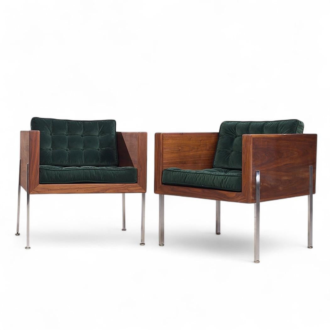 Mid-Century Modern Harvey Probber Mid Century Walnut Case and Chrome Lounge Chairs - Pair For Sale