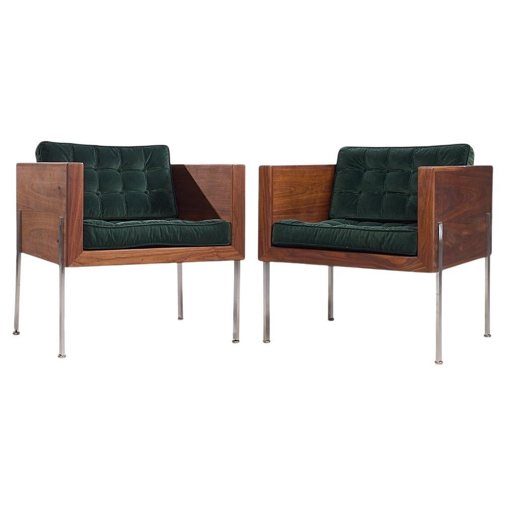 Harvey Probber Mid Century Walnut Case and Chrome Lounge Chairs - Pair For Sale
