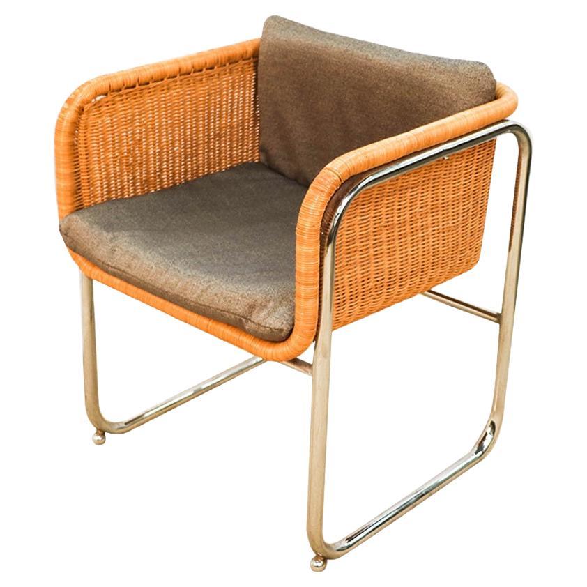 Harvey Probber Mid Century Wicker and Chrome Cantilever Dining Chair