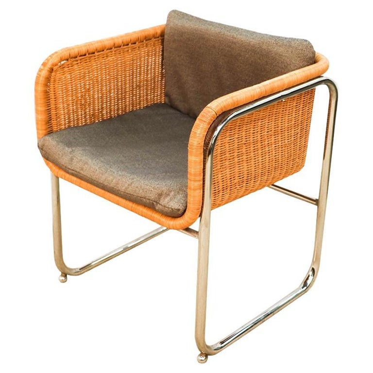 Harvey Probber Mid Century Wicker and Chrome Cantilever Dining Chair For Sale