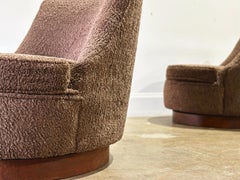 Harvey Probber Midcentury Swivel Barrel Chairs - Brown Boucle - Walnut Slipper