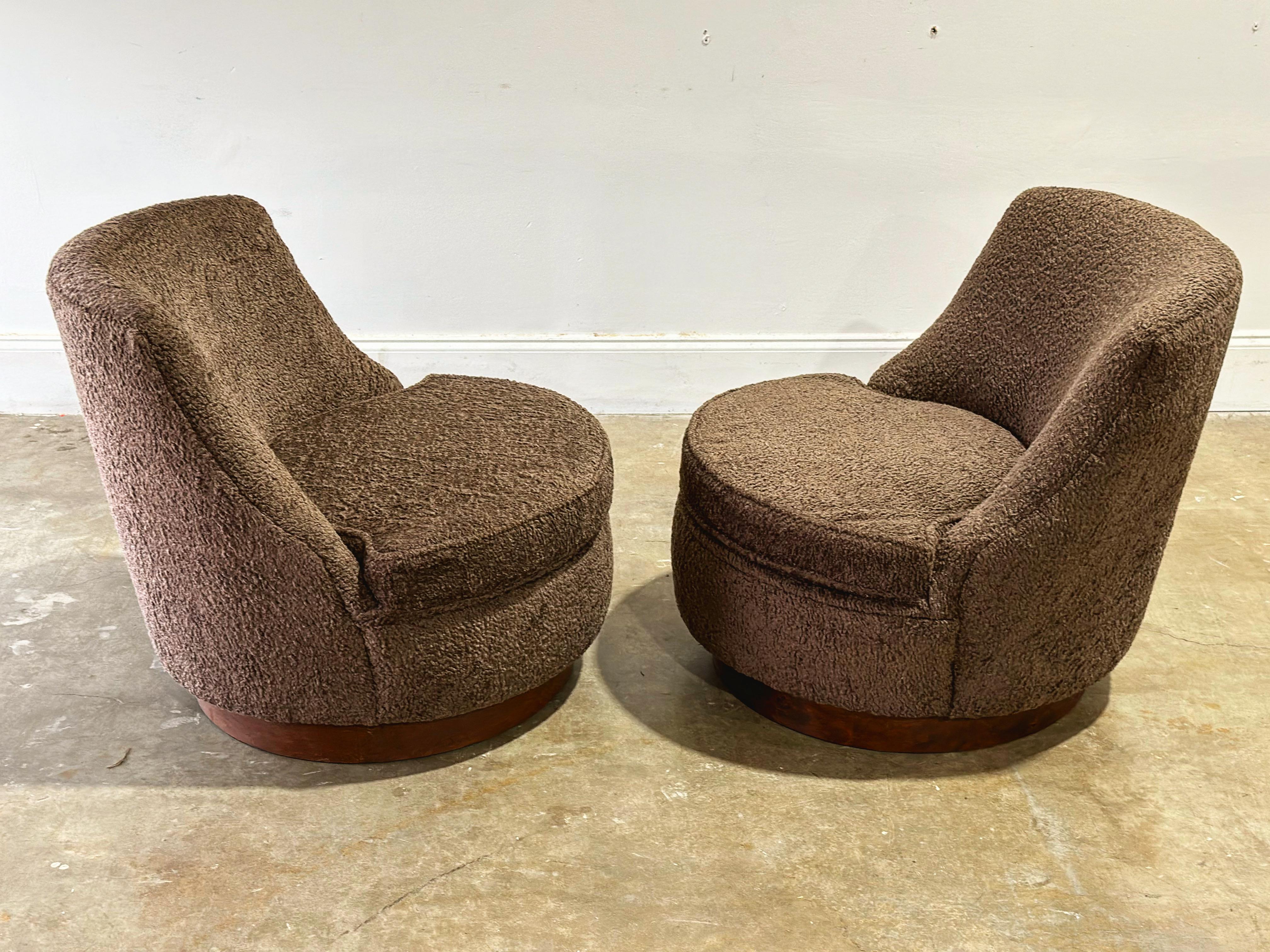 Mid-Century Modern Harvey Probber Midcentury Swivel Barrel Chairs - Brown Boucle - Walnut Slipper