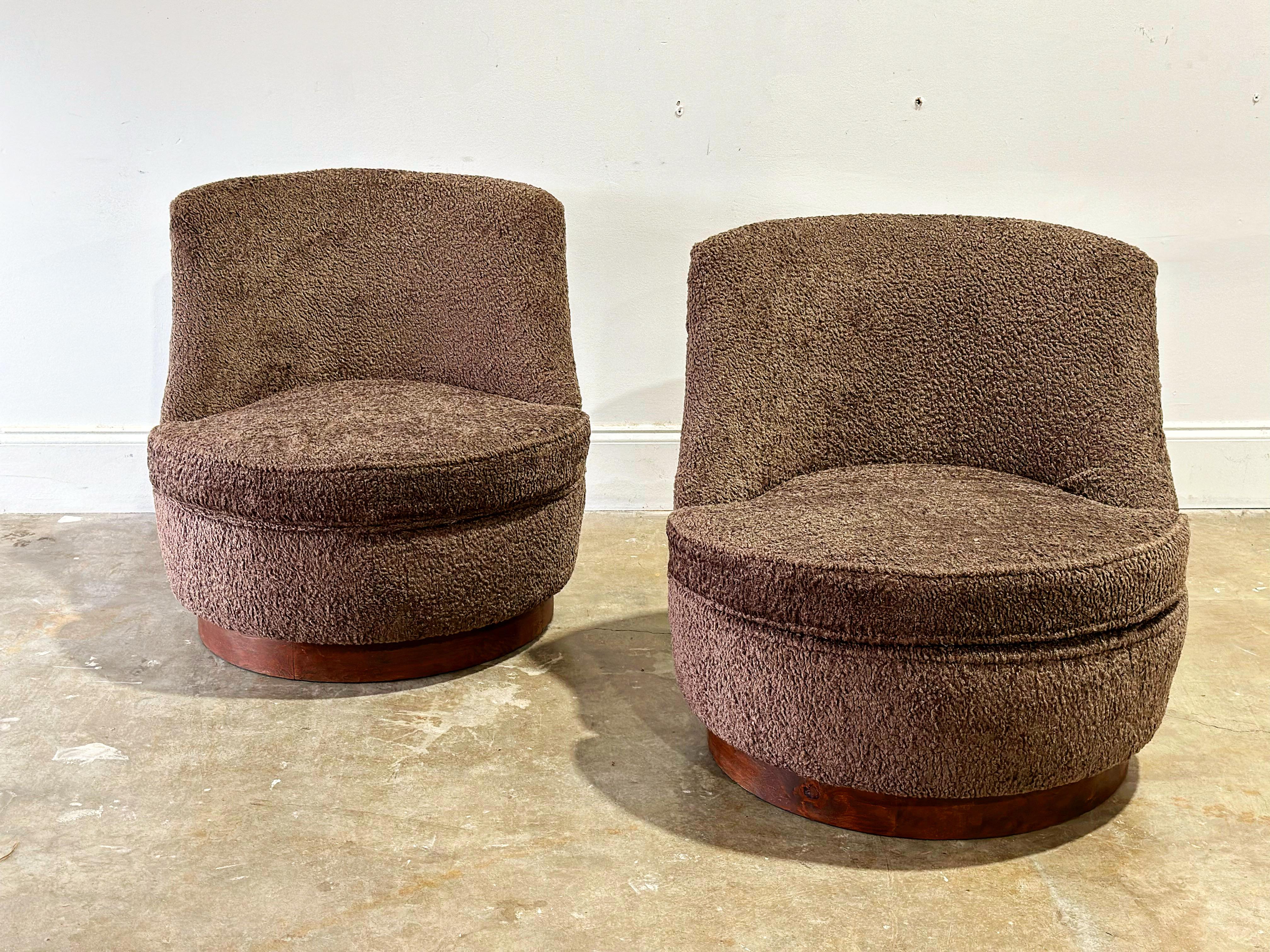 Mid-20th Century Harvey Probber Midcentury Swivel Barrel Chairs - Brown Boucle - Walnut Slipper