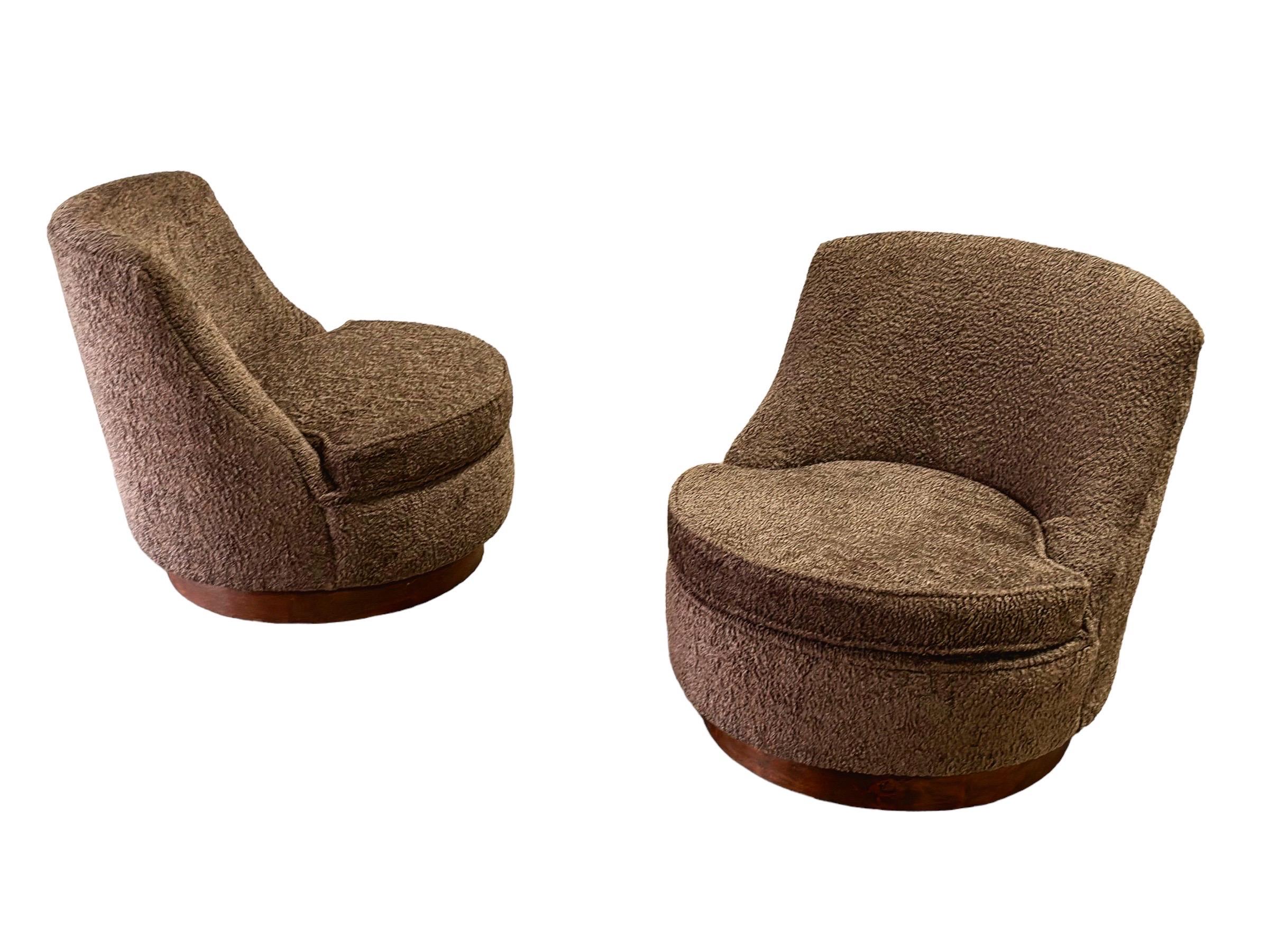 Harvey Probber Midcentury Swivel Barrel Chairs - Brown Boucle - Walnut Slipper 2