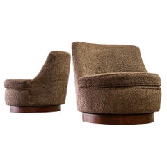 Harvey Probber Midcentury Swivel Barrel Chairs - Brown Boucle - Walnut Slipper