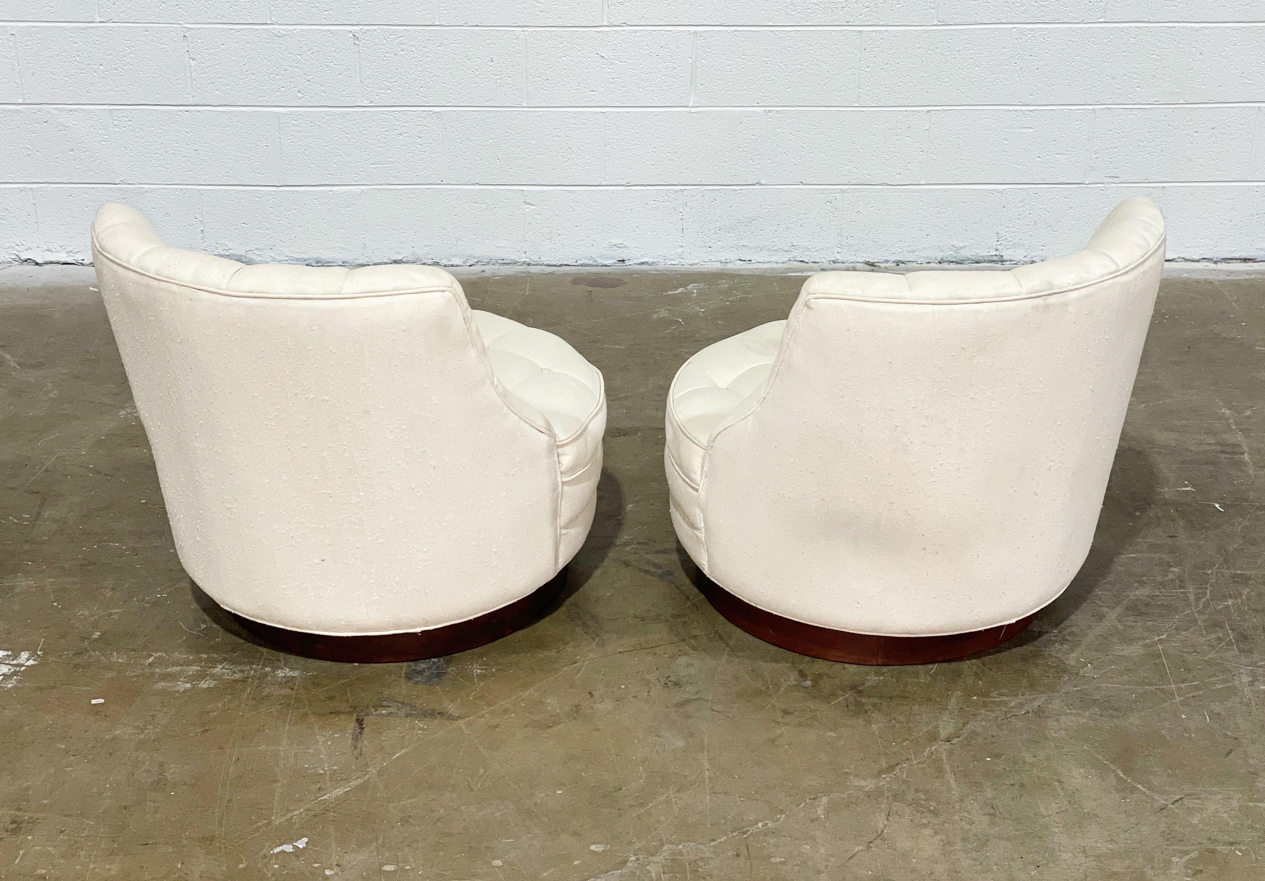Harvey Probber Midcentury Tufted Swivel Barrel Chairs, Walnut Plinth Base 1