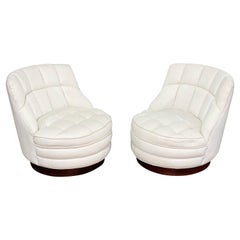 Harvey Probber Midcentury Tufted Swivel Barrel Chairs, Walnut Plinth Base