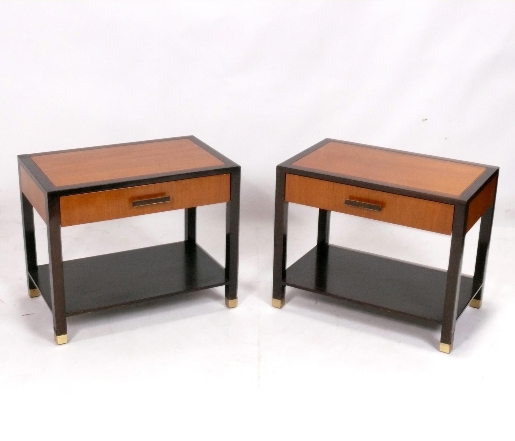 Pair of Elegant Clean Lined Nightstands or Side Tables, designed by Harvey Probber, American, circa 1960s. Signed inside one of the drawers, see last photo. These tables are currently being refinished and will look incredible when completed. They