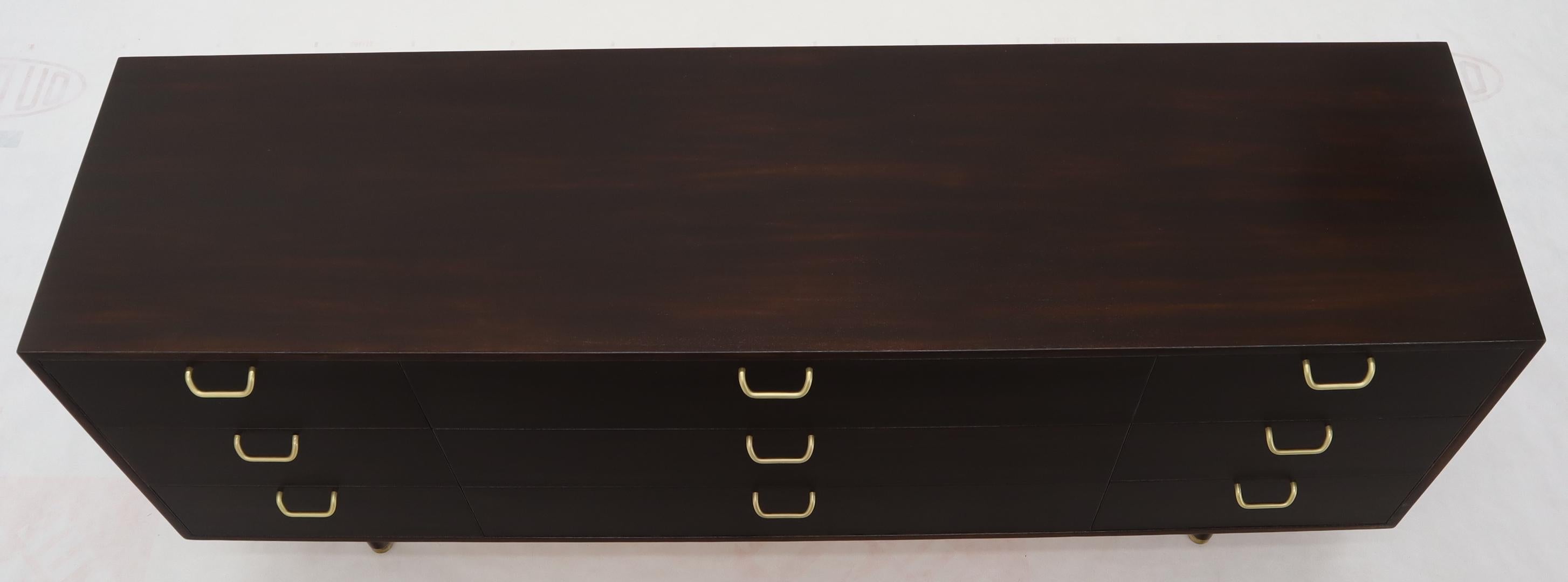20th Century Harvey Probber Nine-Drawer Espresso Mahogany Long Dresser Credenza Brass Pulls
