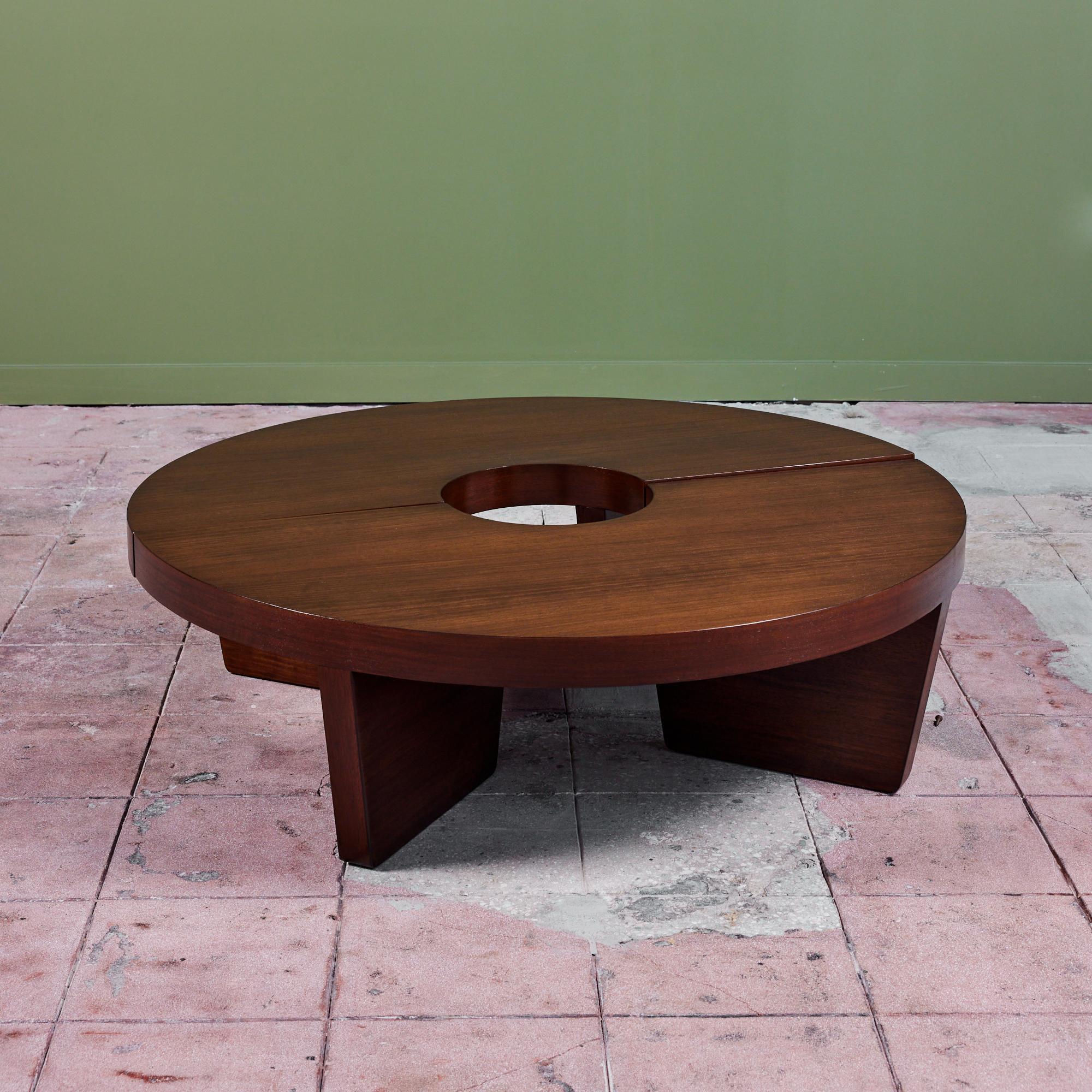 Mahogany coffee table by Harvey Probber, c.1949, USA. This self taught designers table features two semi circle table tops that can connect together to form a circle or be placed like an 