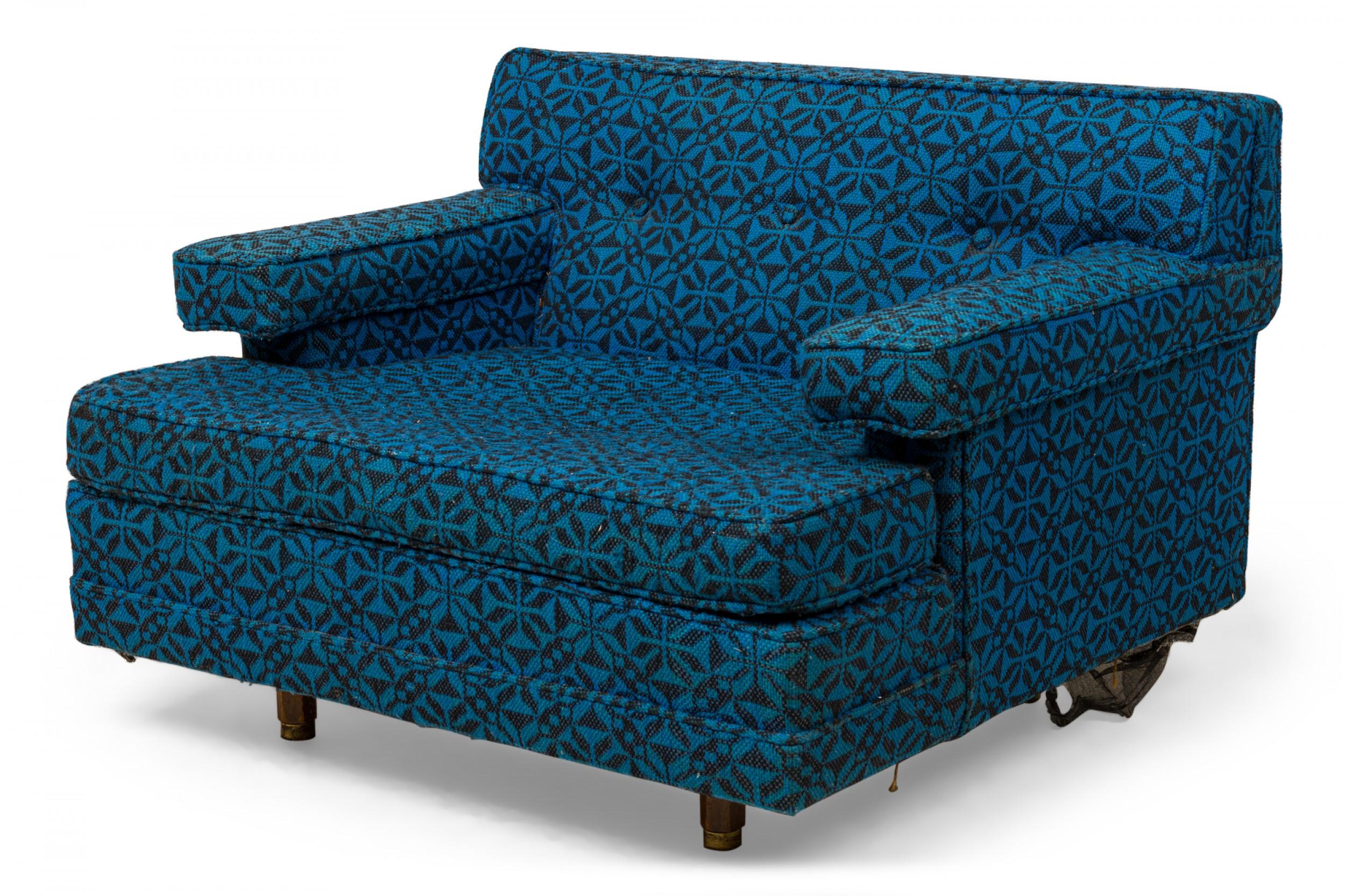 Harvey Probber Oversized Blue Patterned Upholstered Lounge / Armchair For Sale