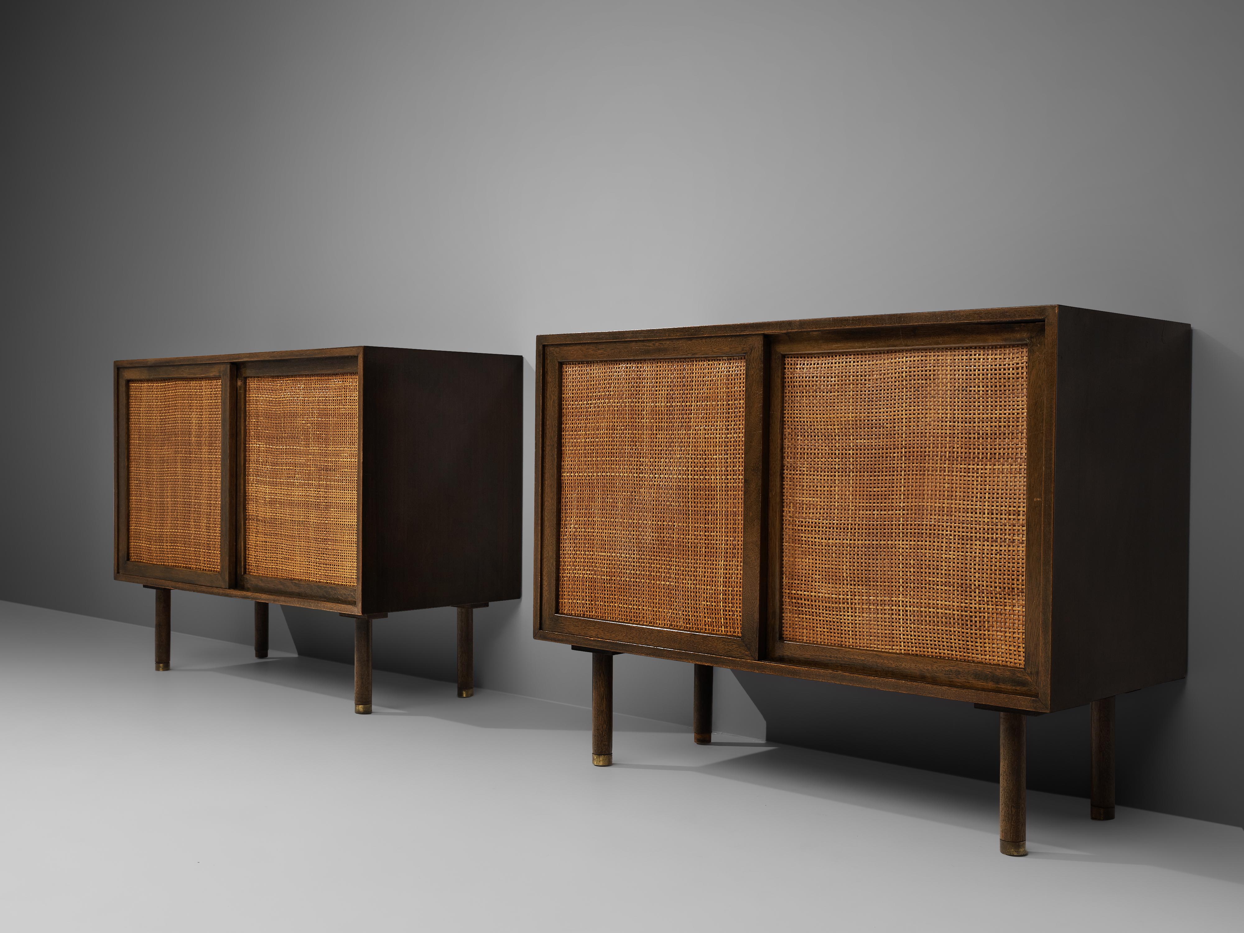 American Harvey Probber Pair of Cabinets in Mahogany and Cane