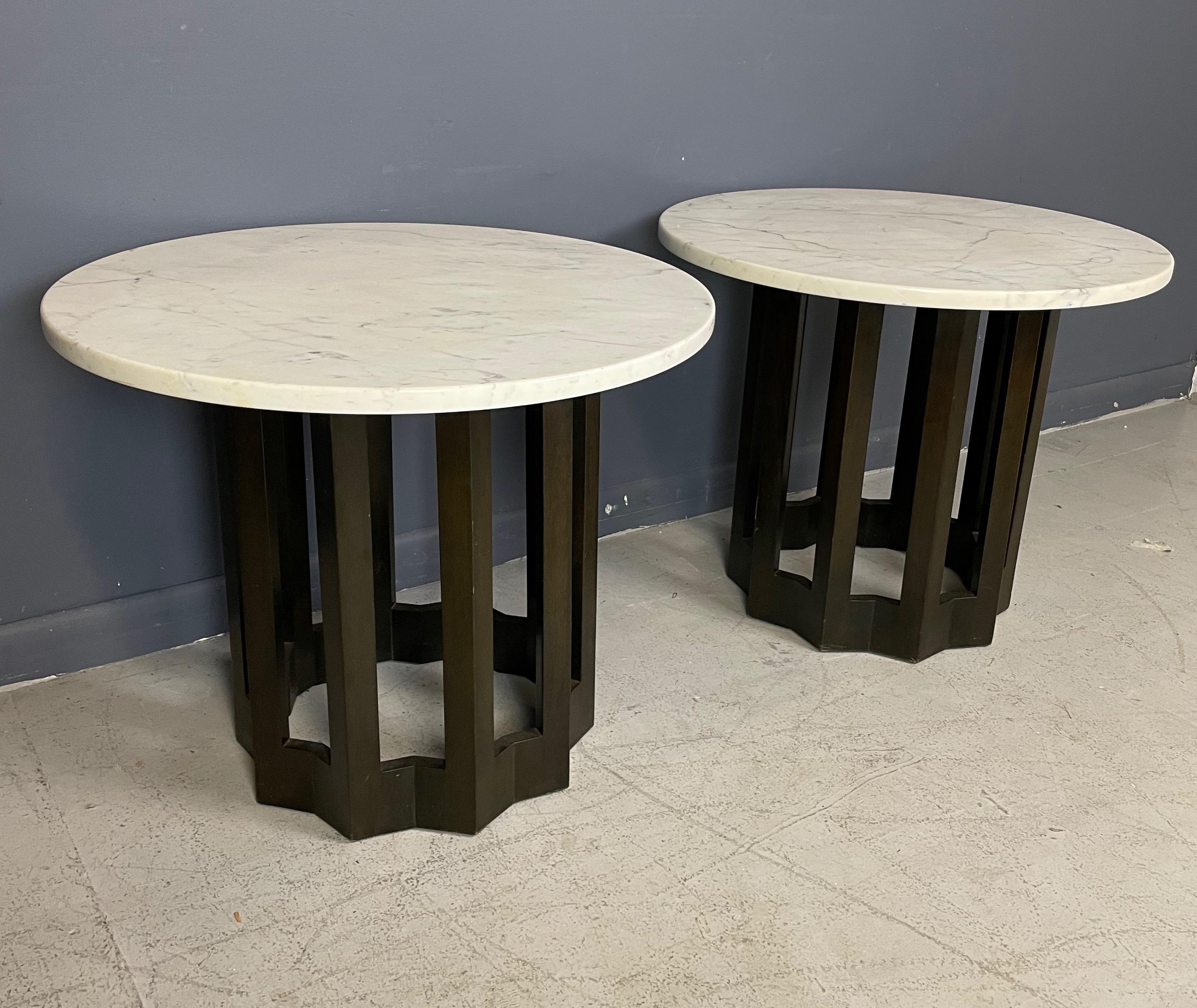 Classic Harvey Probber, this walnut undulating base is a signature Probber design married with a Carrara marble top, these tables are showstoppers!