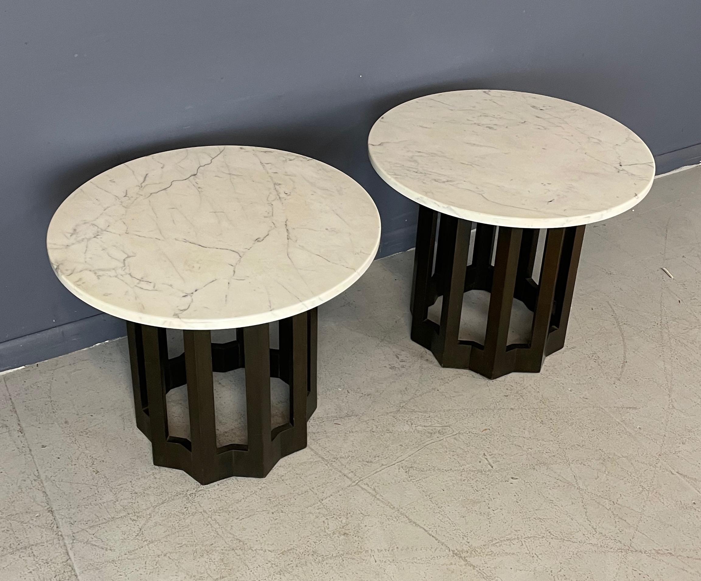 North American Harvey Probber Pair of Circular Side Tables Walnut With Marble Tops Mid Century For Sale