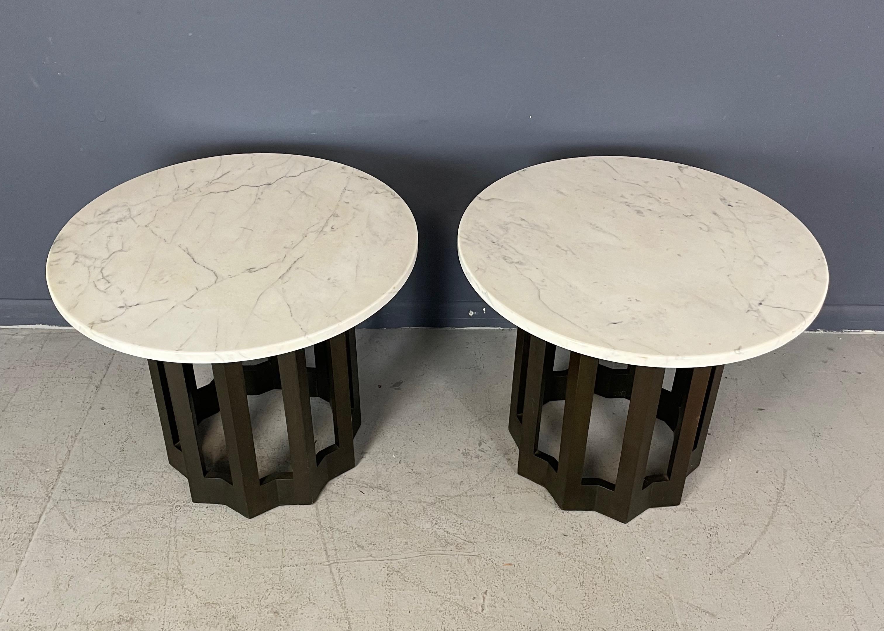 Harvey Probber Pair of Circular Side Tables Walnut With Marble Tops Mid Century In Good Condition For Sale In Philadelphia, PA
