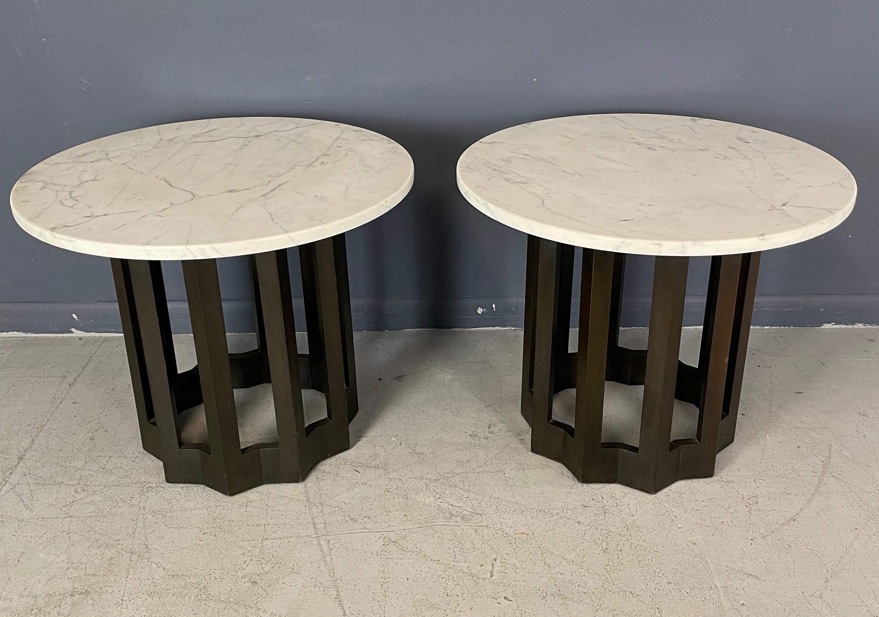 20th Century Harvey Probber Pair of Circular Side Tables Walnut With Marble Tops Mid Century For Sale