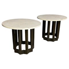 Vintage Harvey Probber Pair of Circular Side Tables Walnut With Marble Tops Mid Century