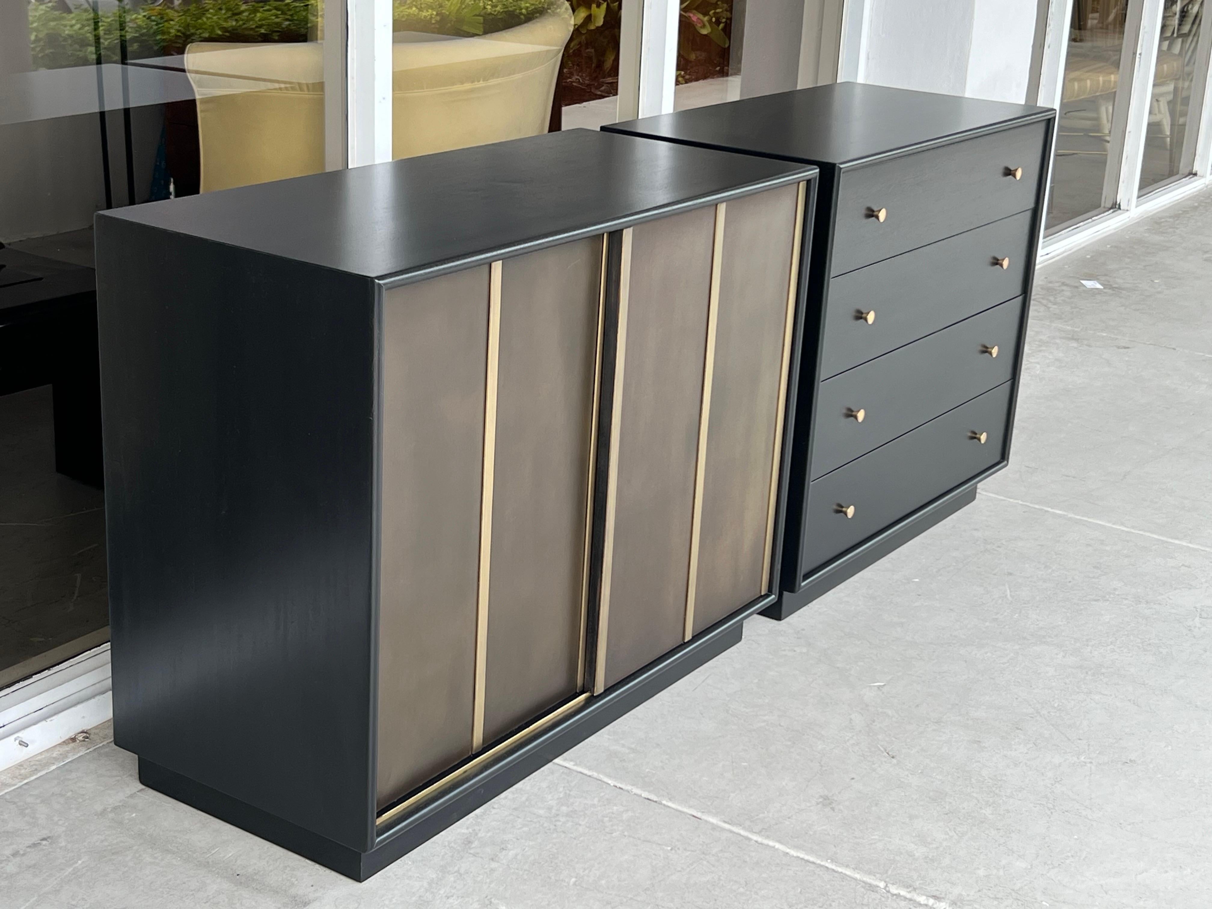 Fantastic pair of Harvey Probber cabinets. Quite versatile as they could be used independently or side by side. 
 
The one with the doors measures 42” long, 18.25” deep and 32.5” high. It has 4 biomorphic front drawers on one side and a couple of