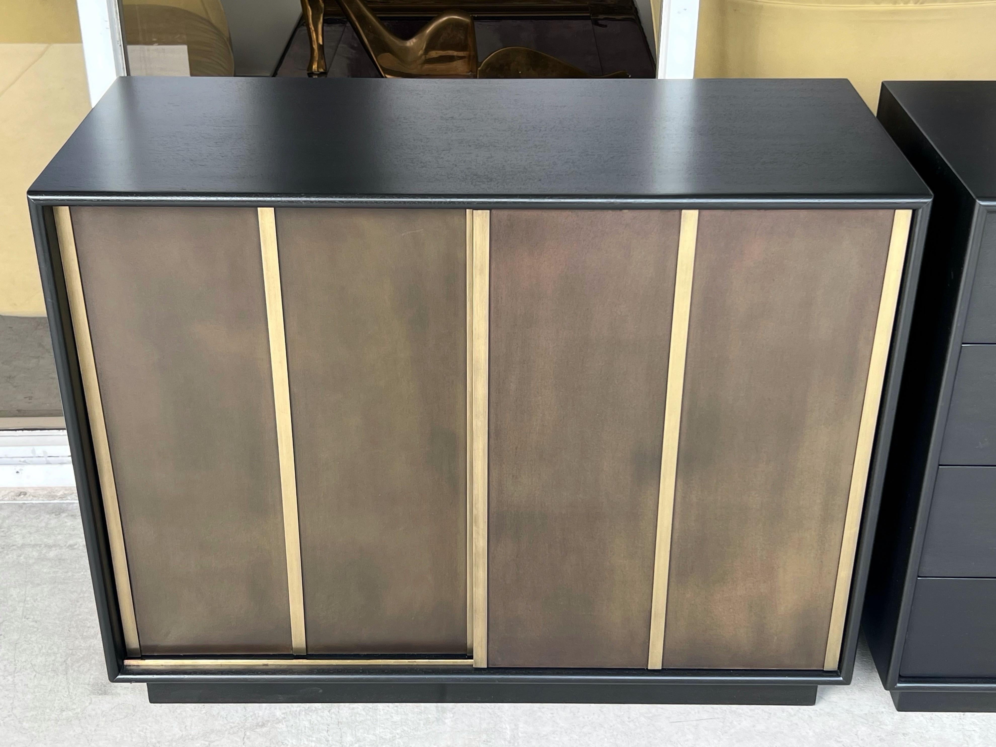 American Harvey Probber Pair of Ebonized and Etched Brass Doors Cabinets Credenza For Sale