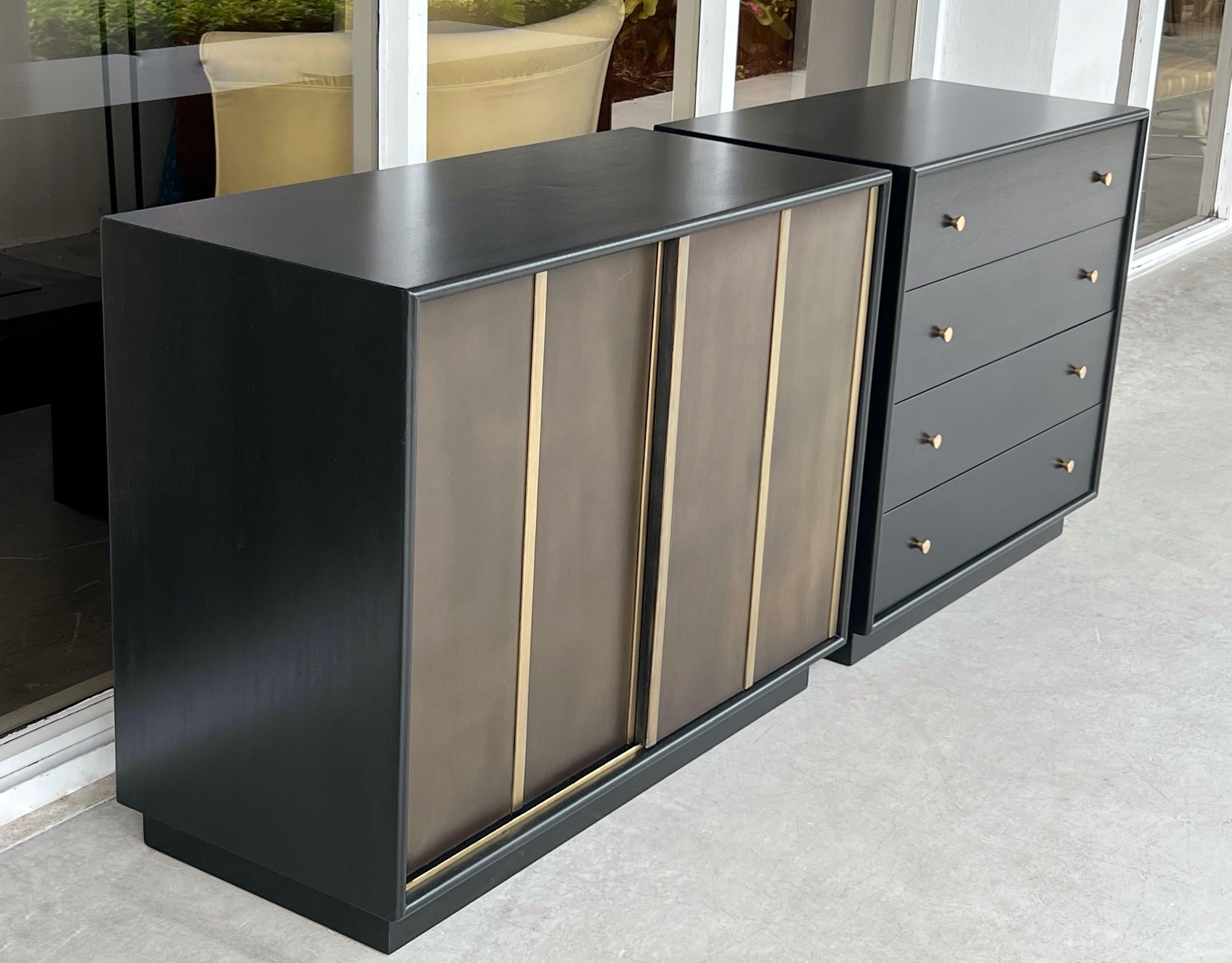 American Harvey Probber Pair of Ebonized and Etched Brass Doors Cabinets Credenza For Sale