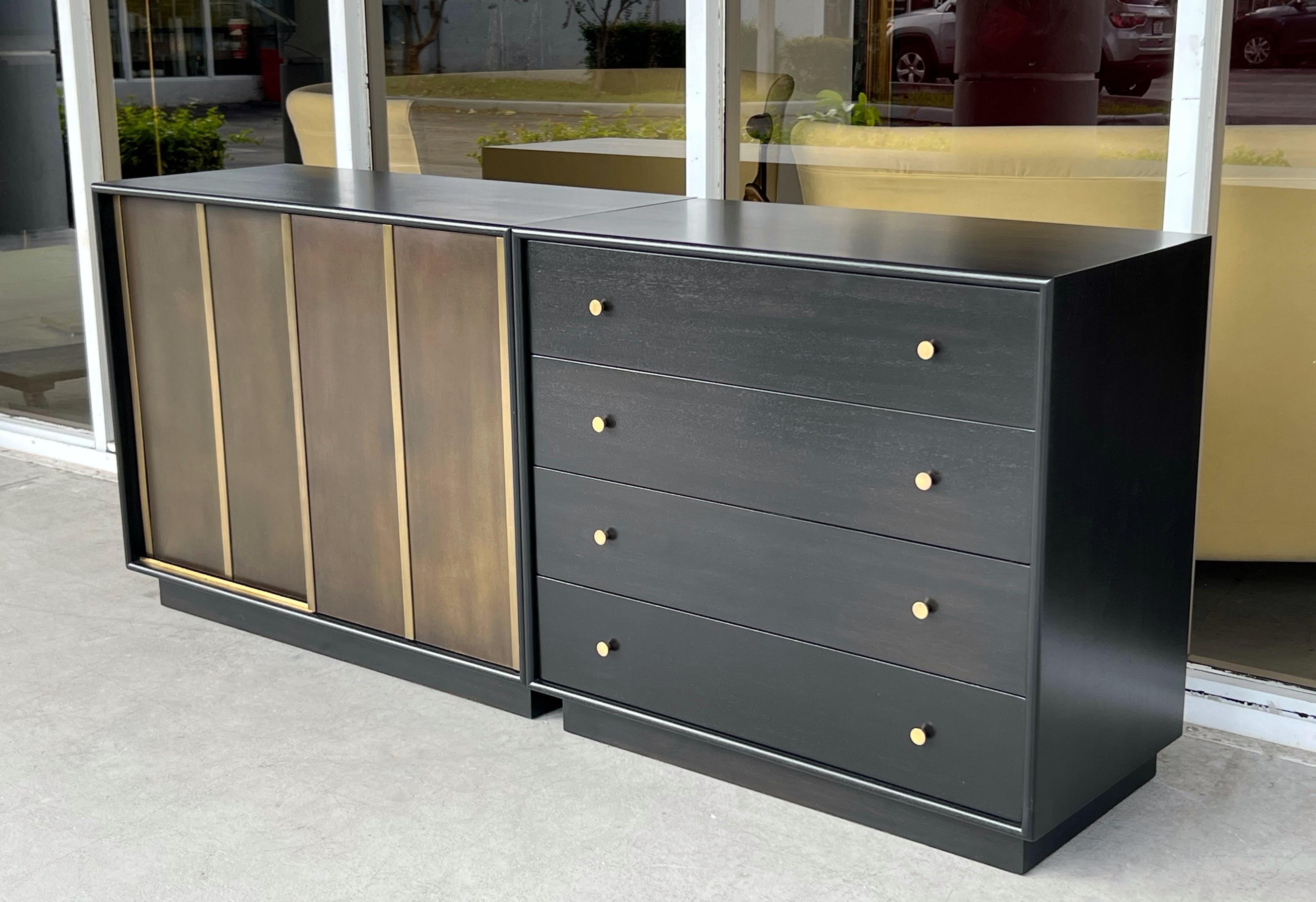 Mid-20th Century Harvey Probber Pair of Ebonized and Etched Brass Doors Cabinets Credenza For Sale