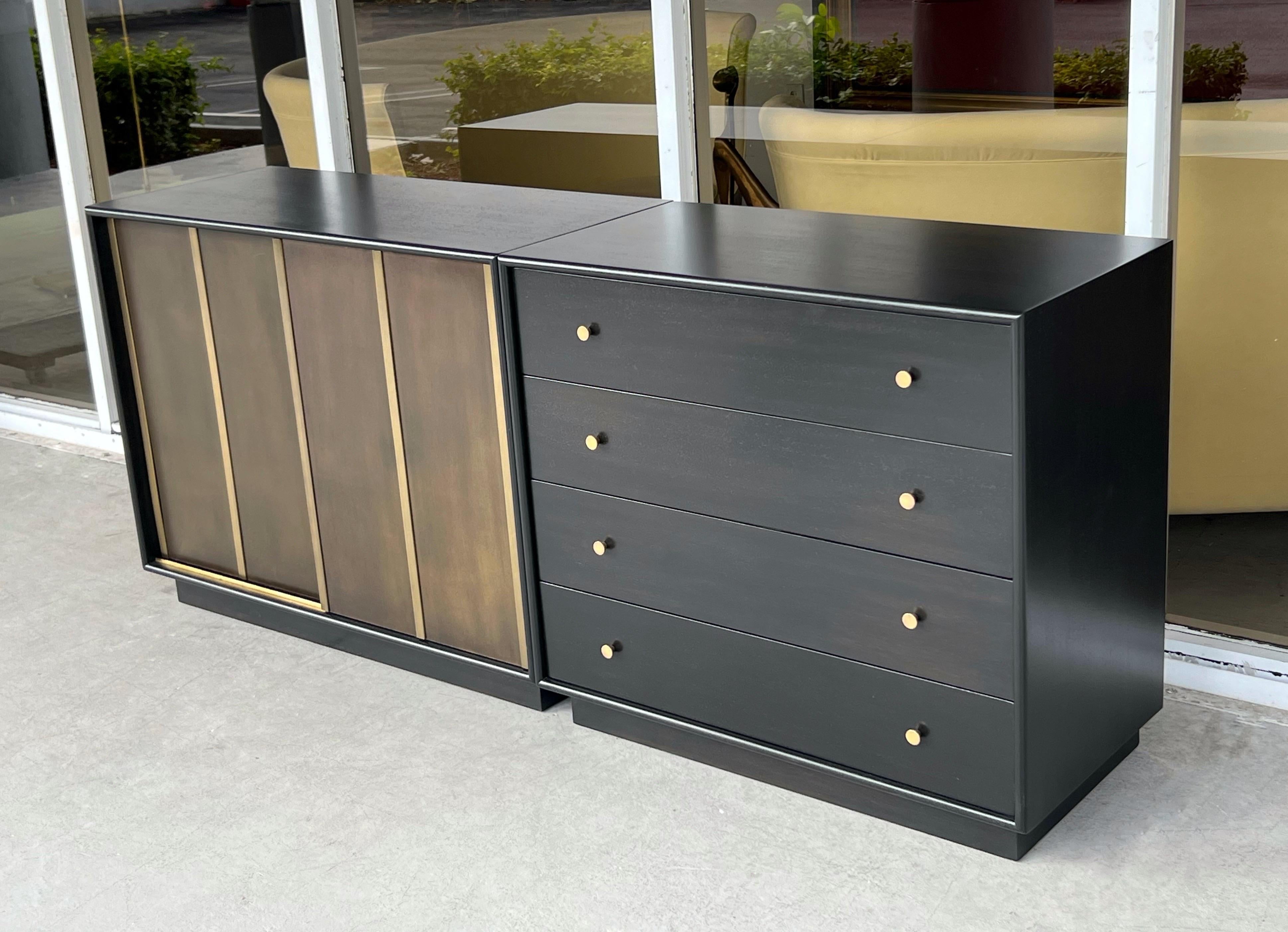 Mid-20th Century Harvey Probber Pair of Ebonized and Etched Brass Doors Cabinets Credenza For Sale