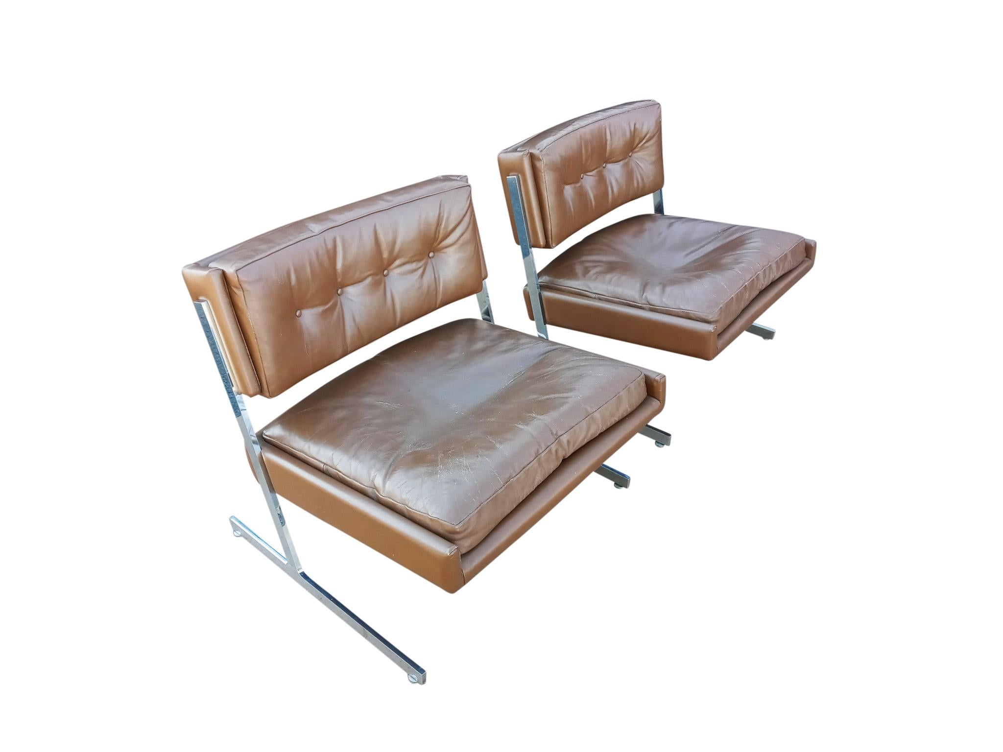Mid-Century Modern Harvey Probber Pair of Leather & Chrome Slipper Lounge Chairs Cantilevered Seats For Sale