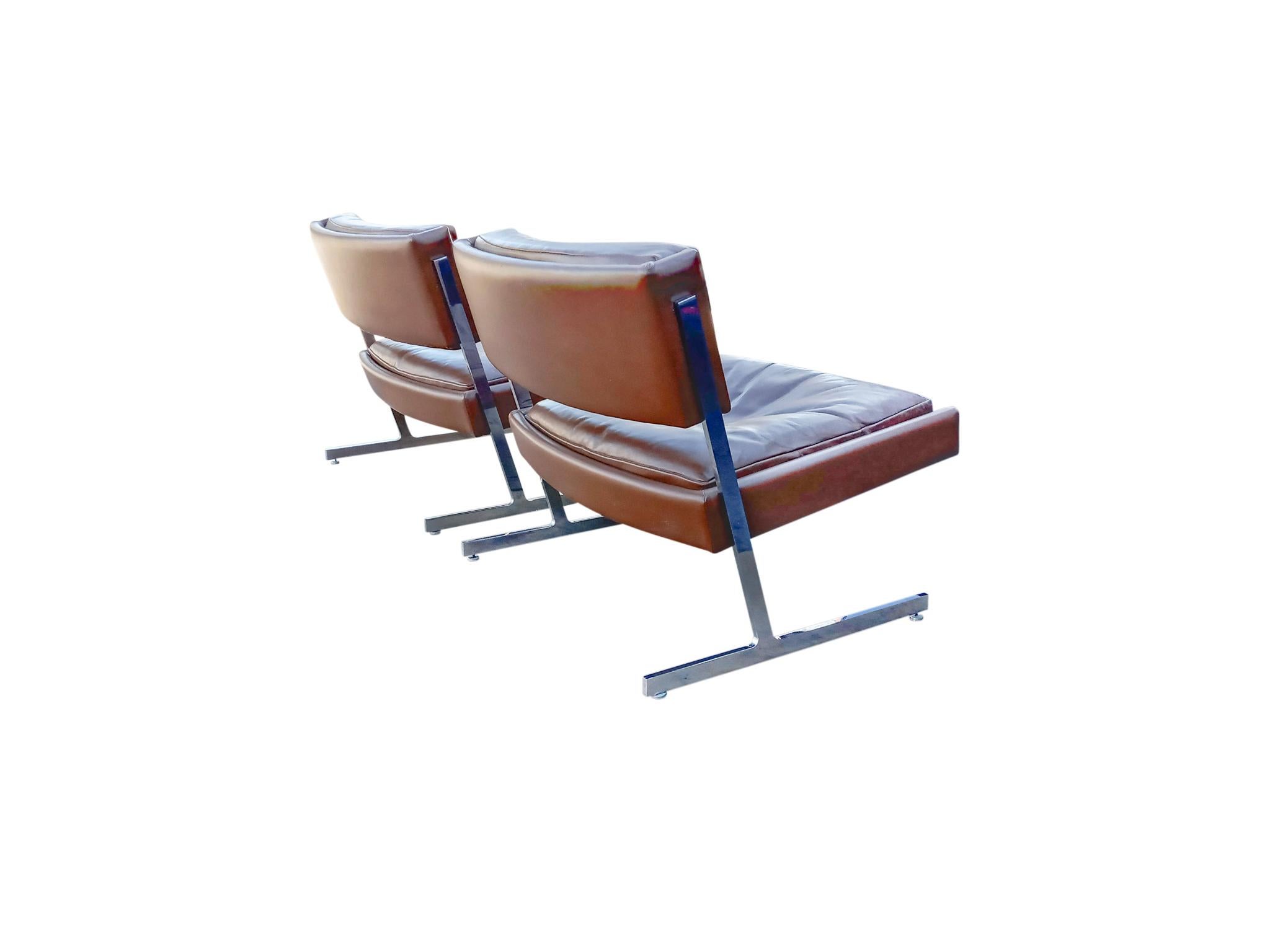 Mid-20th Century Harvey Probber Pair of Leather & Chrome Slipper Lounge Chairs Cantilevered Seats For Sale