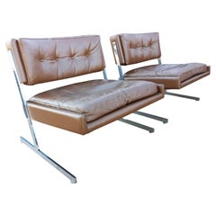 Harvey Probber Pair of Leather & Chrome Slipper Lounge Chairs Cantilevered Seats