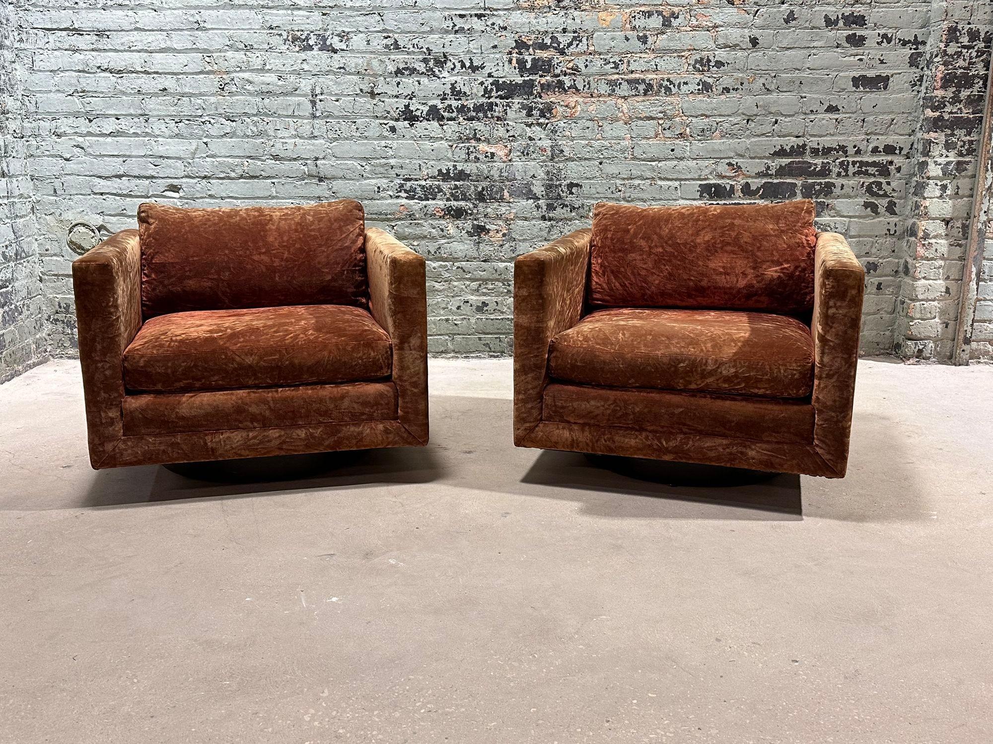 Harvey Probber Pair Swivel Cube Lounge Club Chairs, #1461, 1960. Original crushed velvet. There is some minor sun fading to the original crushed velvet.