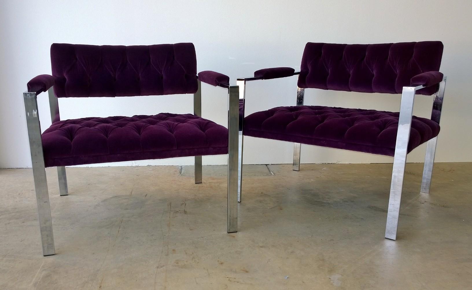 Mid-Century Modern Pair of Erwin-Lambeth Chrome and New Deep Purple Velvet Tufted Arm Lounge Chairs For Sale