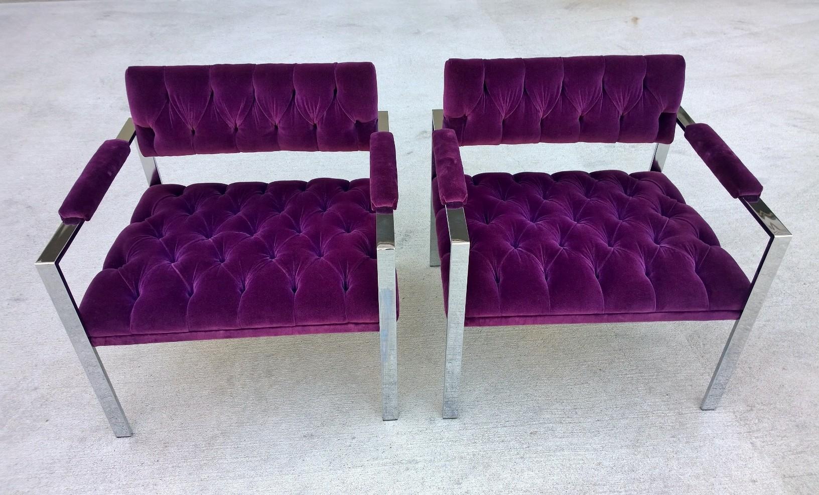 American Pair of Erwin-Lambeth Chrome and New Deep Purple Velvet Tufted Arm Lounge Chairs For Sale